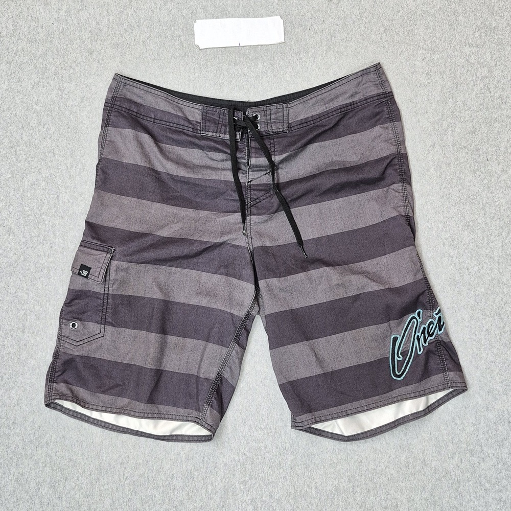 O'Neill Men Swimwear 36 Gray Embroidered Board Shorts Striped Surf Y2K